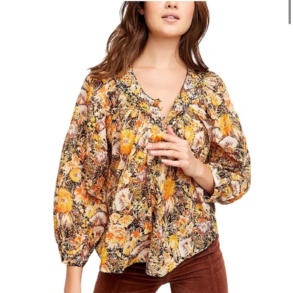 Free People | Cool Meadow Printed Cotton Bohemian Top Size Small